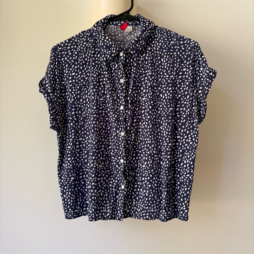 Divided H&M Blue & White Speckled Collared Button-up Crop, Size 8